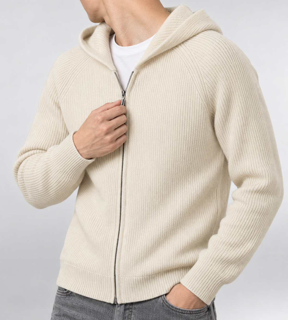 Knit Zip Hoodie Cream