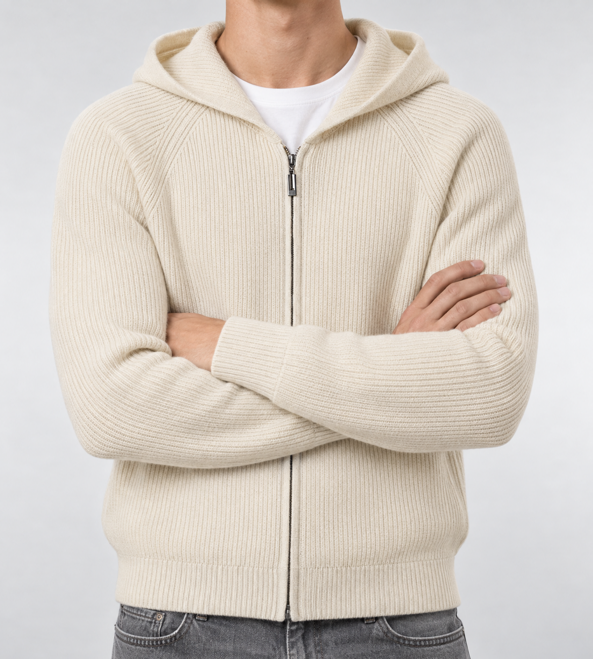 Knit Zip Hoodie Cream
