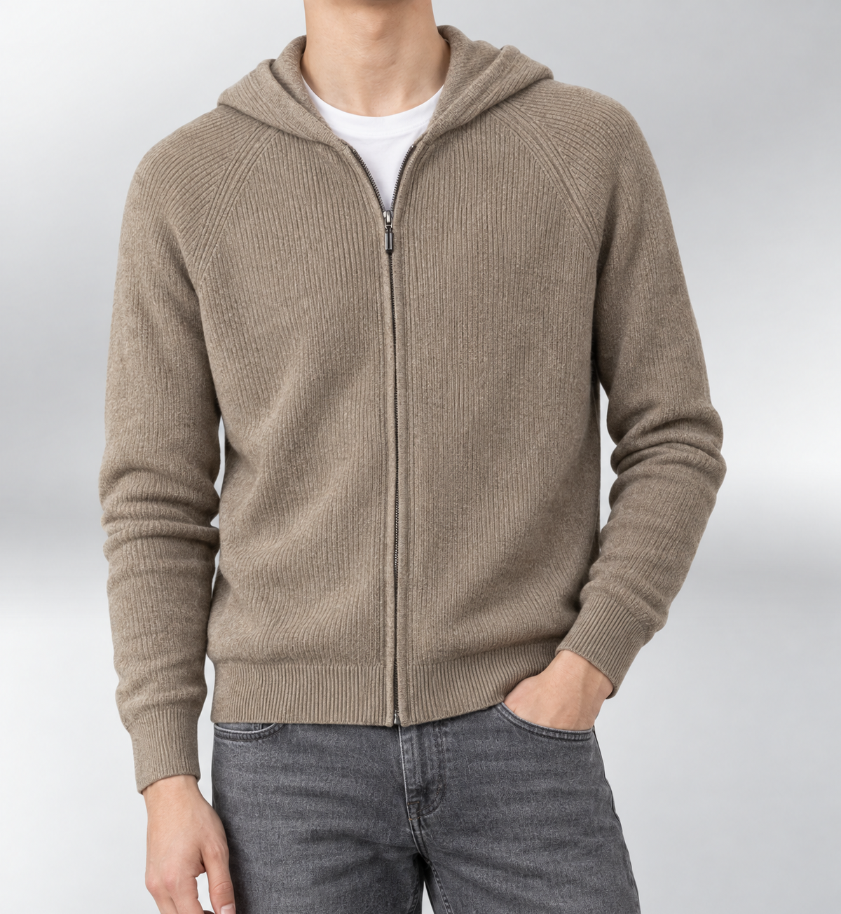 Knit Zip Hoodie Beige
