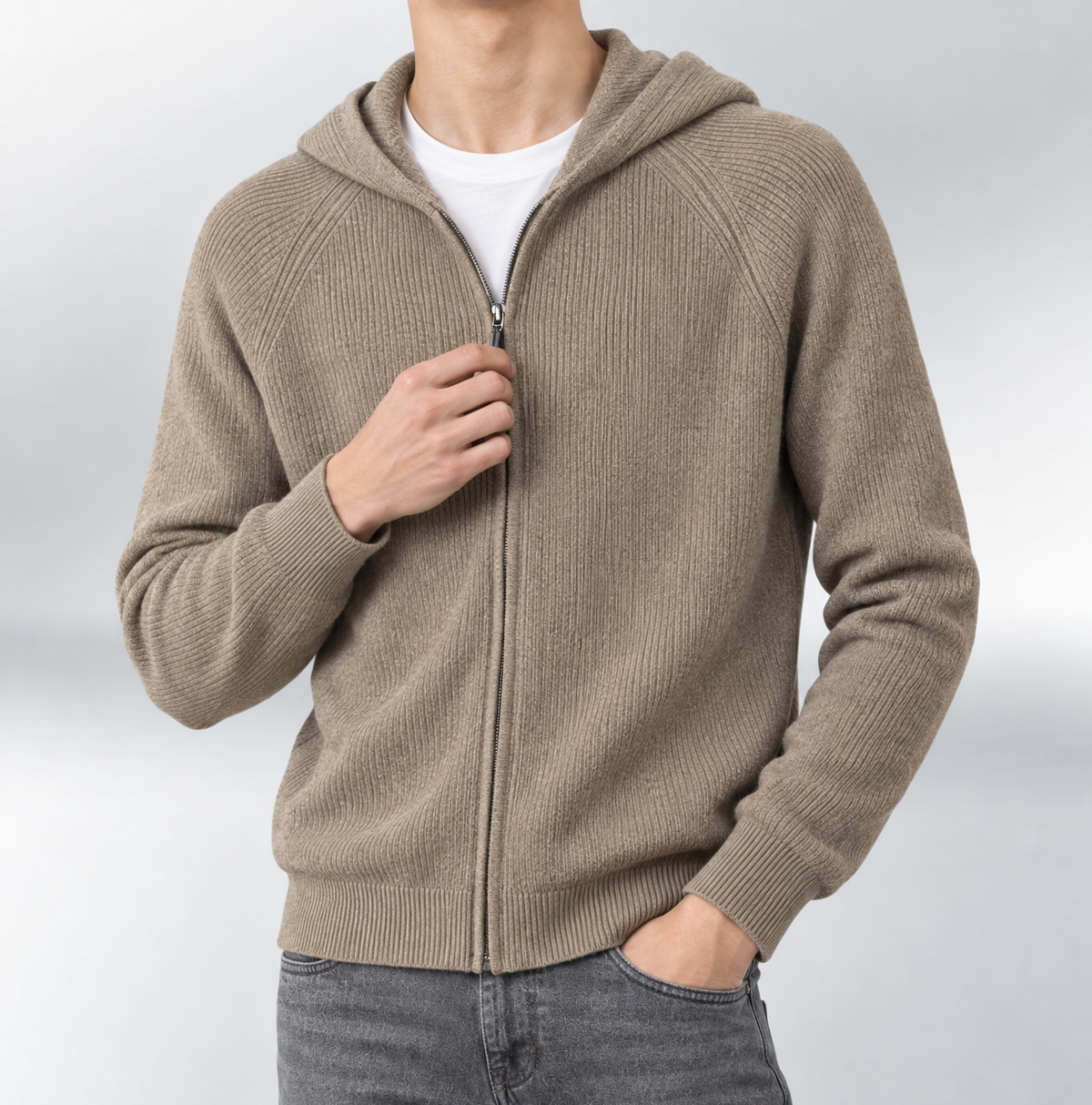 Knit Zip Hoodie Beige