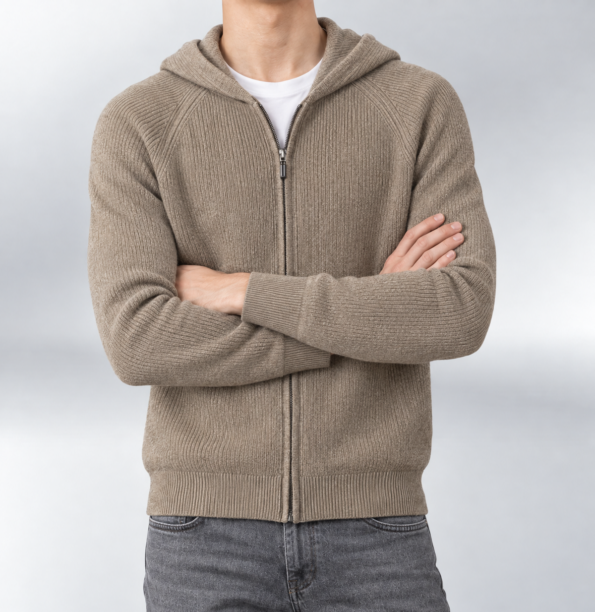 Knit Zip Hoodie Beige